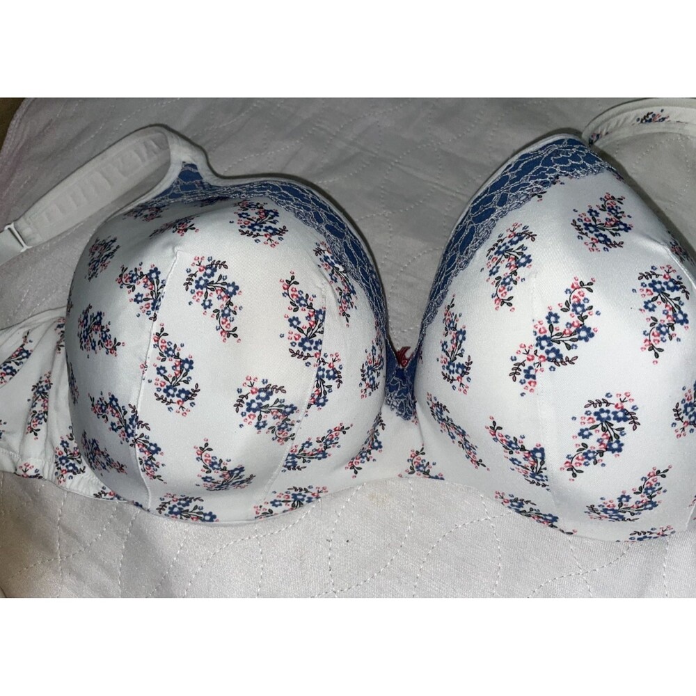 Cacique Bra Lightly Lined Push up Balconette Underwire White Blue Floral 42F